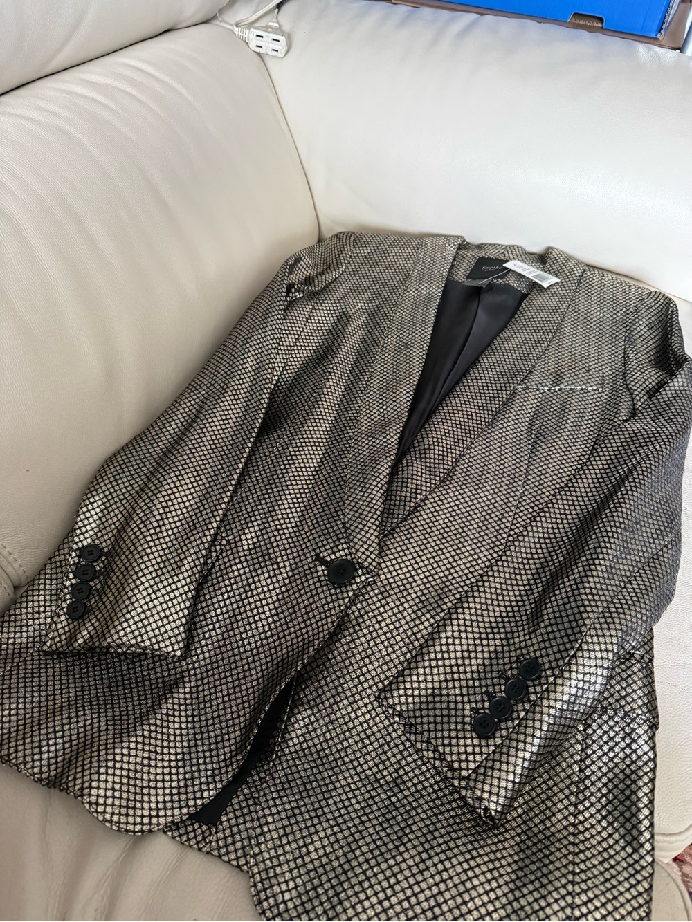 Smythe Long Shawl Metallic Black and Gold Grid-Pattern Blazer